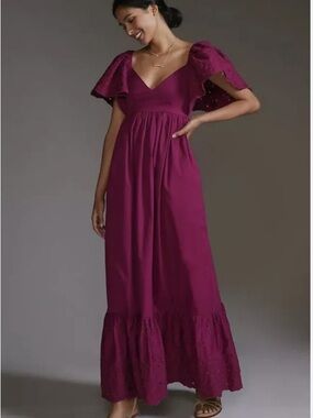 En Saison Magenta Eyelet Flutter-Sleeve Maxi Dress